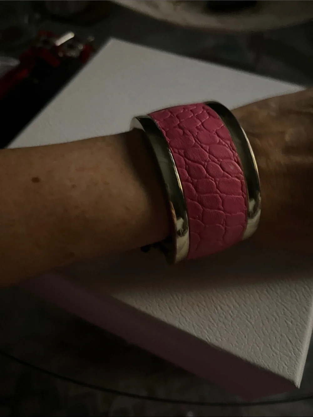 Pink Leather-Textured Statement Braclet/Cuff
